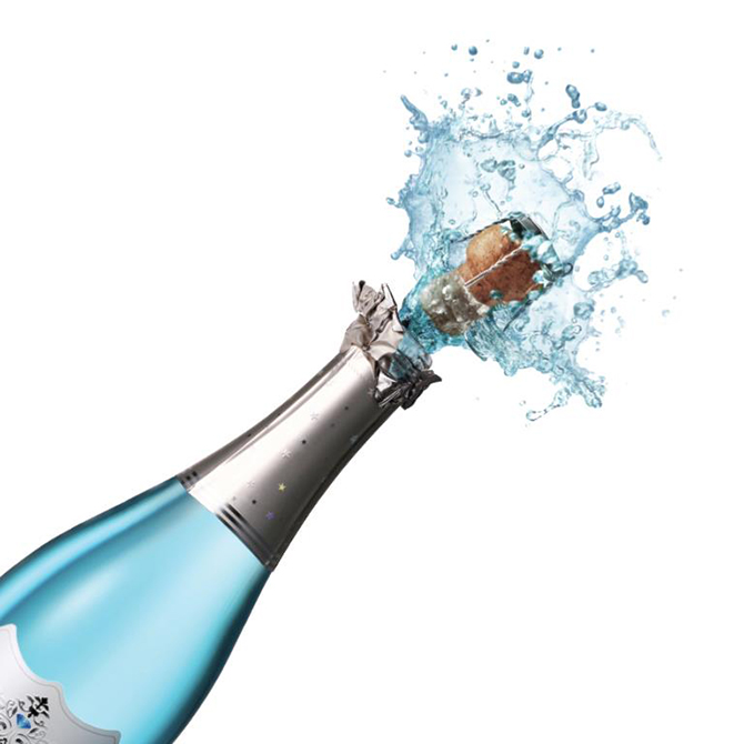 Blanc de Bleu California lgbt wedding bottle quark bursting from wine bottle