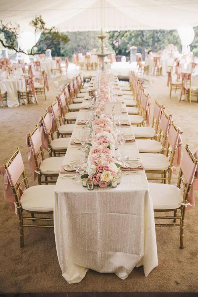 Purple orchid Wedding - Fully dressed reception table with centerpiece of pink and white roses
