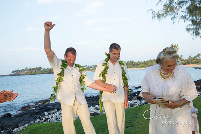 Purple orchid Wedding - LGBT Grooms and wedding officiant