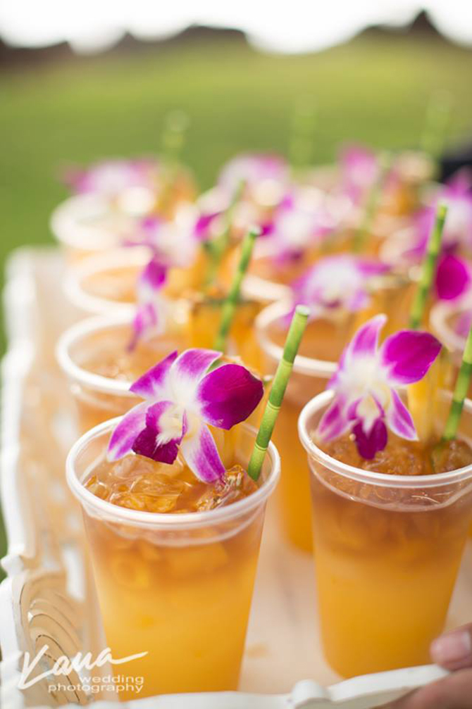Purple orchid Wedding - Refreshing iced drinks with bamboo straws and garnished with purple orchids