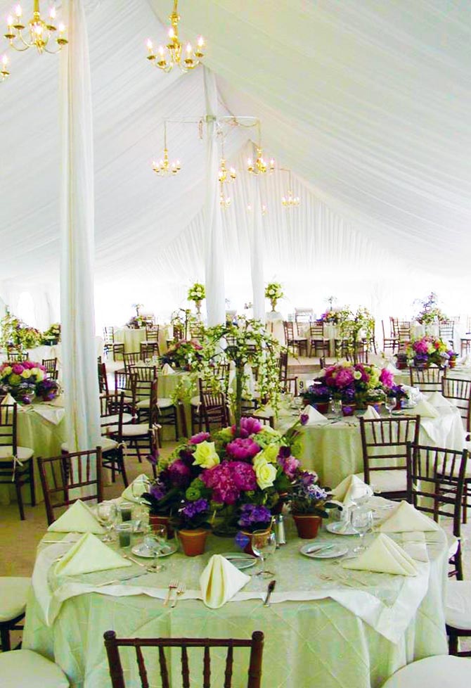 Gorgeous tented wedding reception in radiant orchid and pale green - Culinary Creations