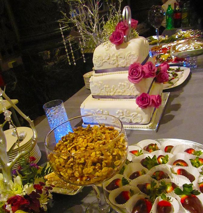 Wedding dessert display with embossed wedding cake - Culinary Creations