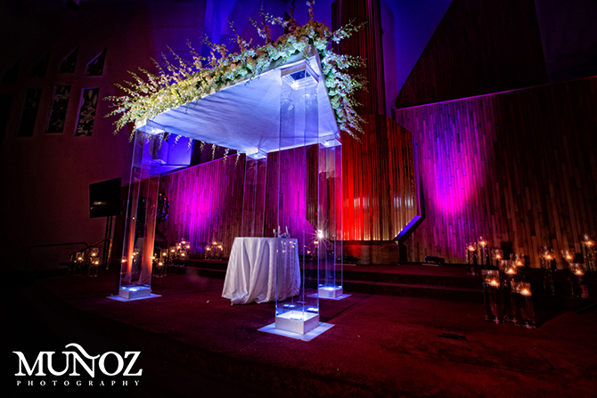 Uplighting wedding ceremony blue and purple - South Florida LGBT Wedding Floral Design and Decor - Dalsimer Atlas