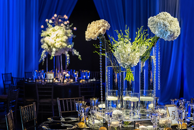 blue wedding reception - South Florida LGBT Wedding Floral Design and Decor - Dalsimer Atlas