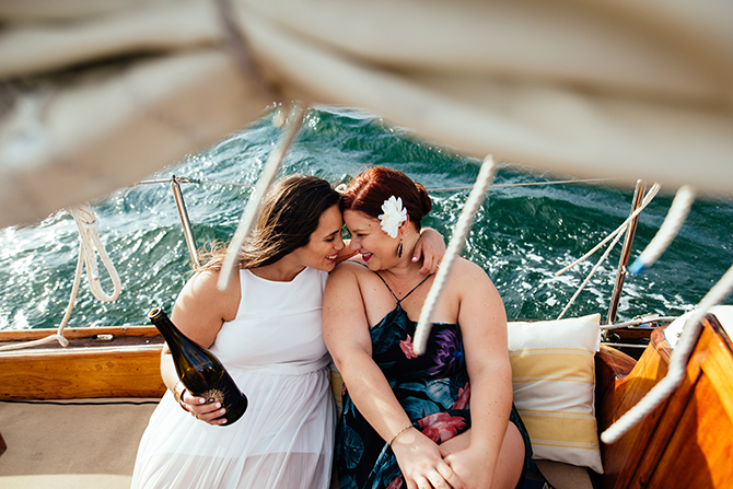 Florida LGBT Couple Champagne Toast - Tiny House Photo LGBT Wedding Photographer