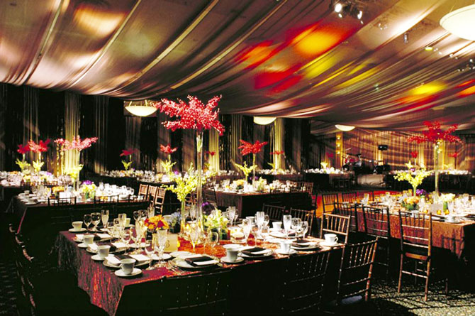 Midwest Conference Center bright blue and chocolate brown wedding reception
