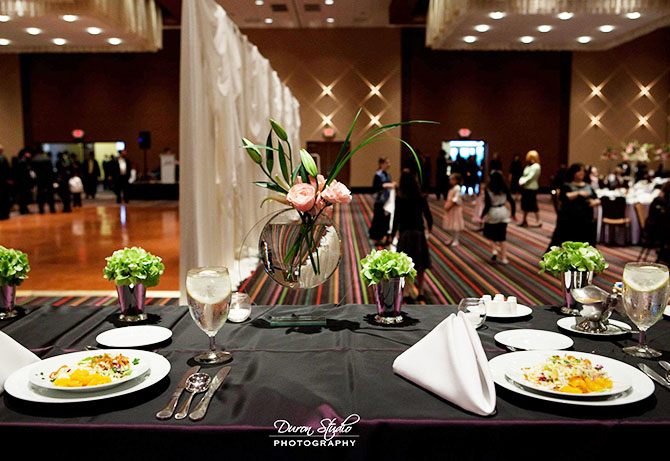 Midwest Conference Center dramaztic wedding reception with red and yellow accents