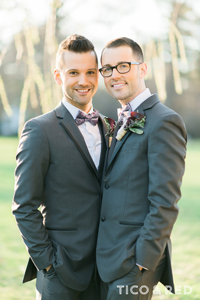 The Endicott Estate In Dedham Massachusetts Gay Couple Pose Outdoors In Grey Tuxedos