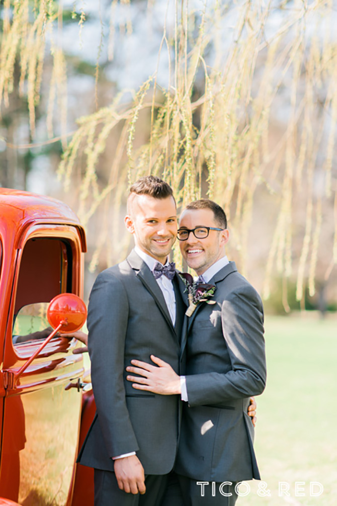 The Endicott Estate In Dedham Massachusetts Gay Couple Pose In Grey Tuxedos By Red Truck