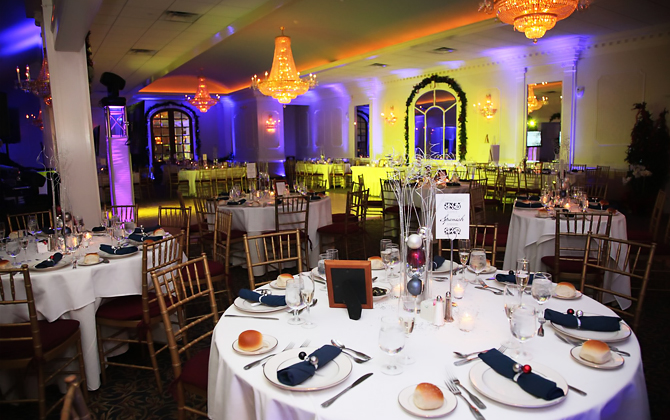 Lessing's at Smithtown Landing Country Club Smithtown, New York LGBT Wedding Venue reception hall evening with chandeliers