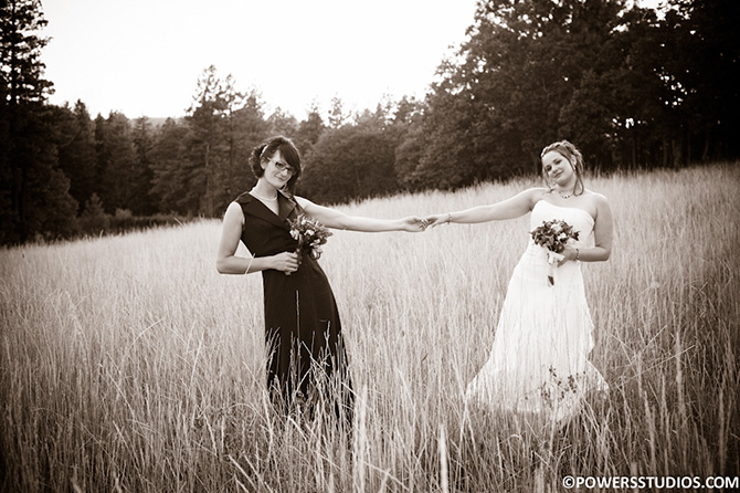 Powers Studios - Sepia shot of brides in tall grass