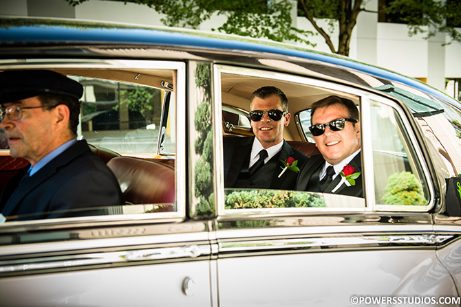 Powers Studios - Wedding shot of grooms in Rolls Royce