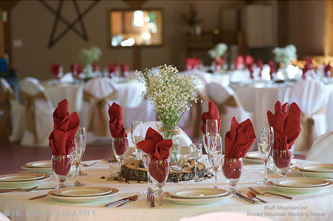 Red and white indoor wedding reception - Bluff Mountain Inn