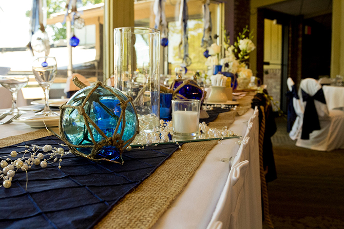 Nautical themed indoor wedding rception - glass bouys - Lake Lawn Reosrt in Wisconsin