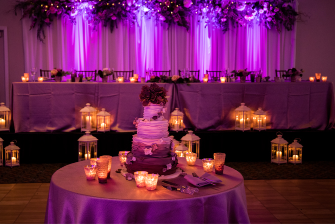 The Ridge Hotel Aspen Pavillion in Lake Geneva Wisconsin - fuschia uplighting wedding cake