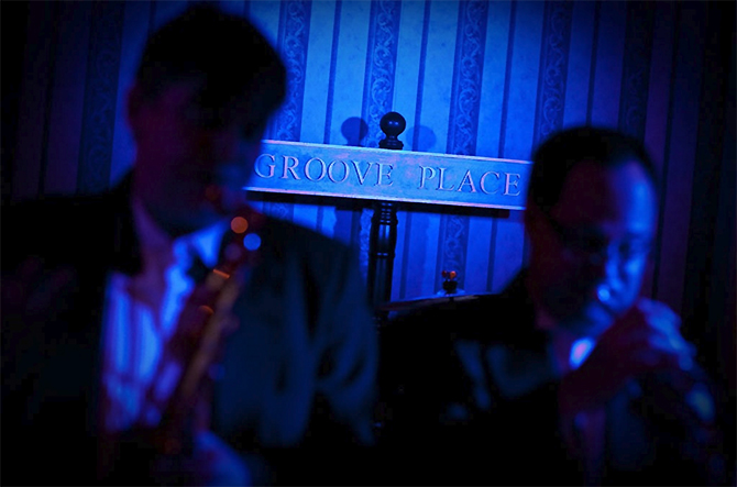 Groove Place Havertown, PA LGBT Wedding Dance Band blue band sign