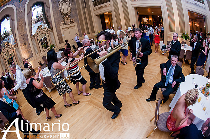 Groove Place Havertown, PA LGBT Wedding Dance Band dancing with trombone
