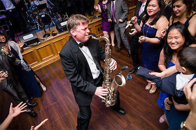 Groove Place Havertown, PA LGBT Wedding Dance Band grooving with saxaphone